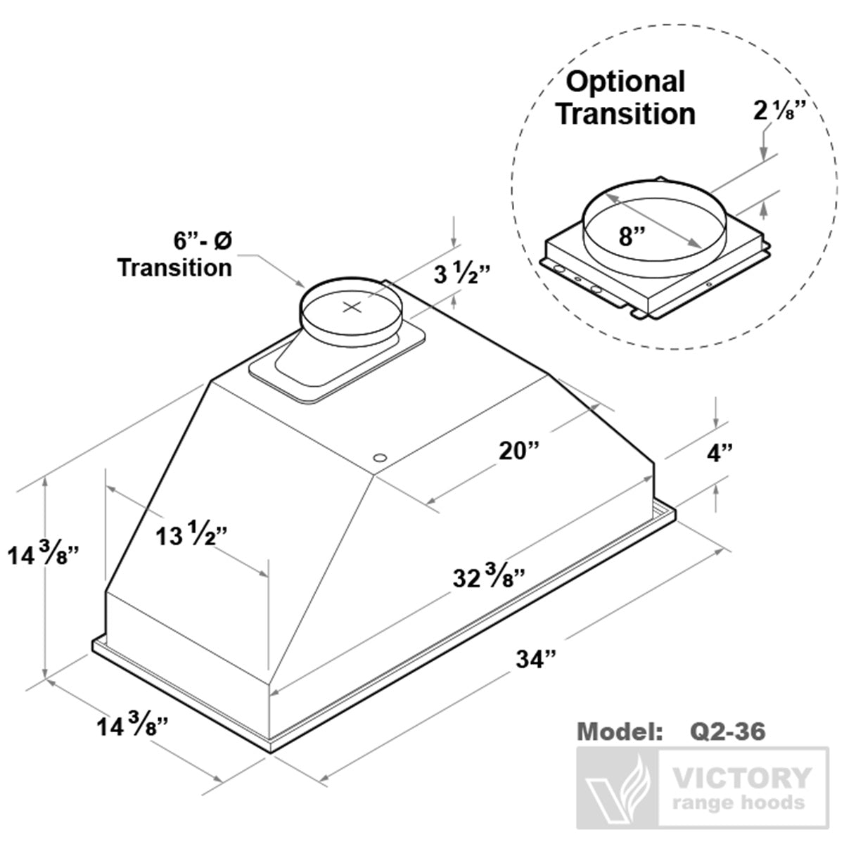 VICTORY Stainless Steel 36" 700 CFM Range Hood Insert - Q2-36--