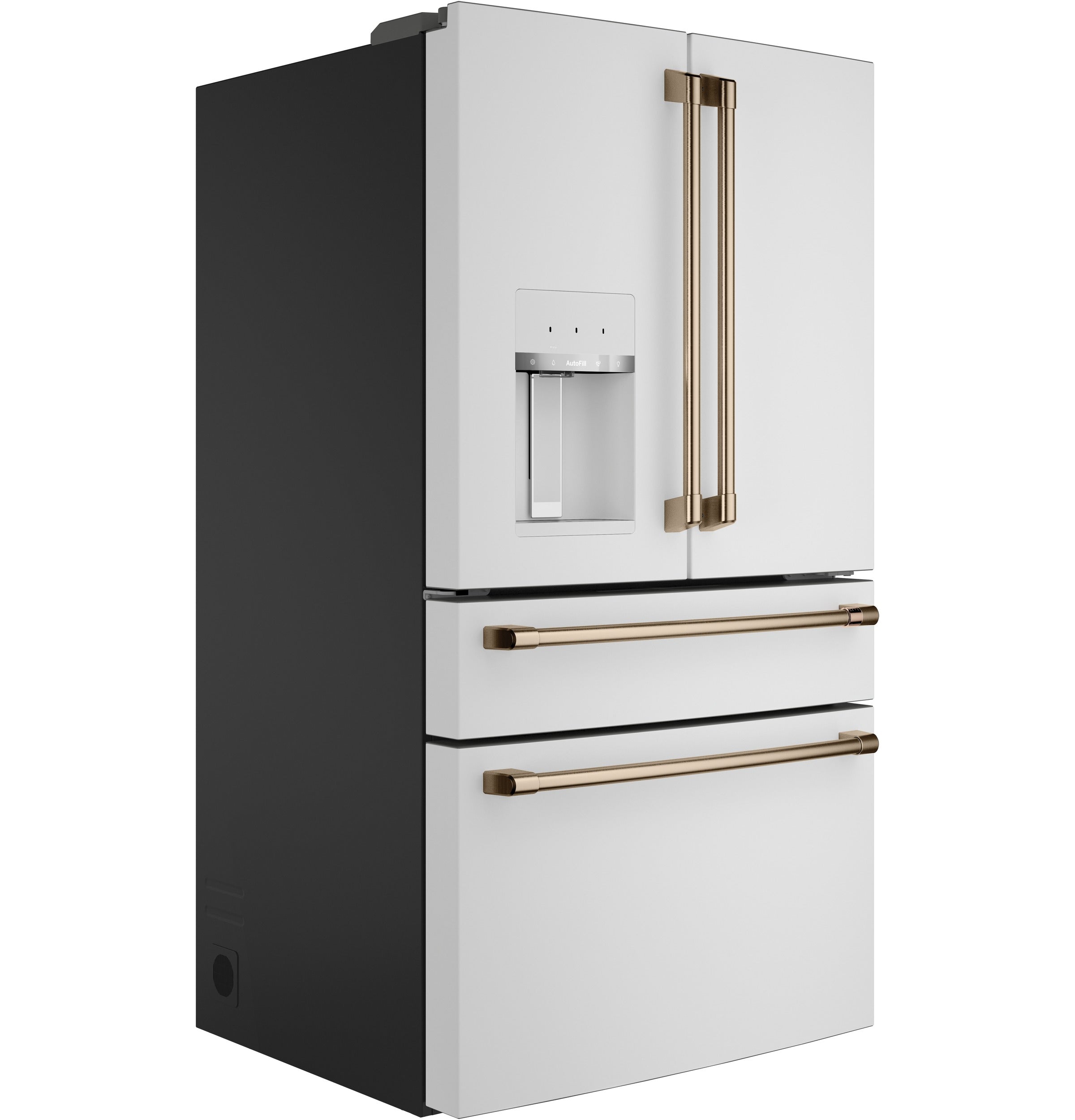 White fridge with store copper handles